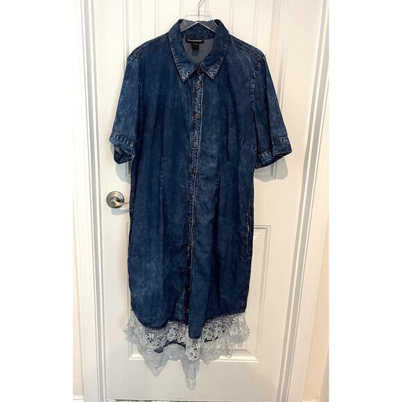 Prairie Style Jean Chambray Denim/Lace Hem Collar Dress Womens 16 Cottage Core - Picture 10 of 11